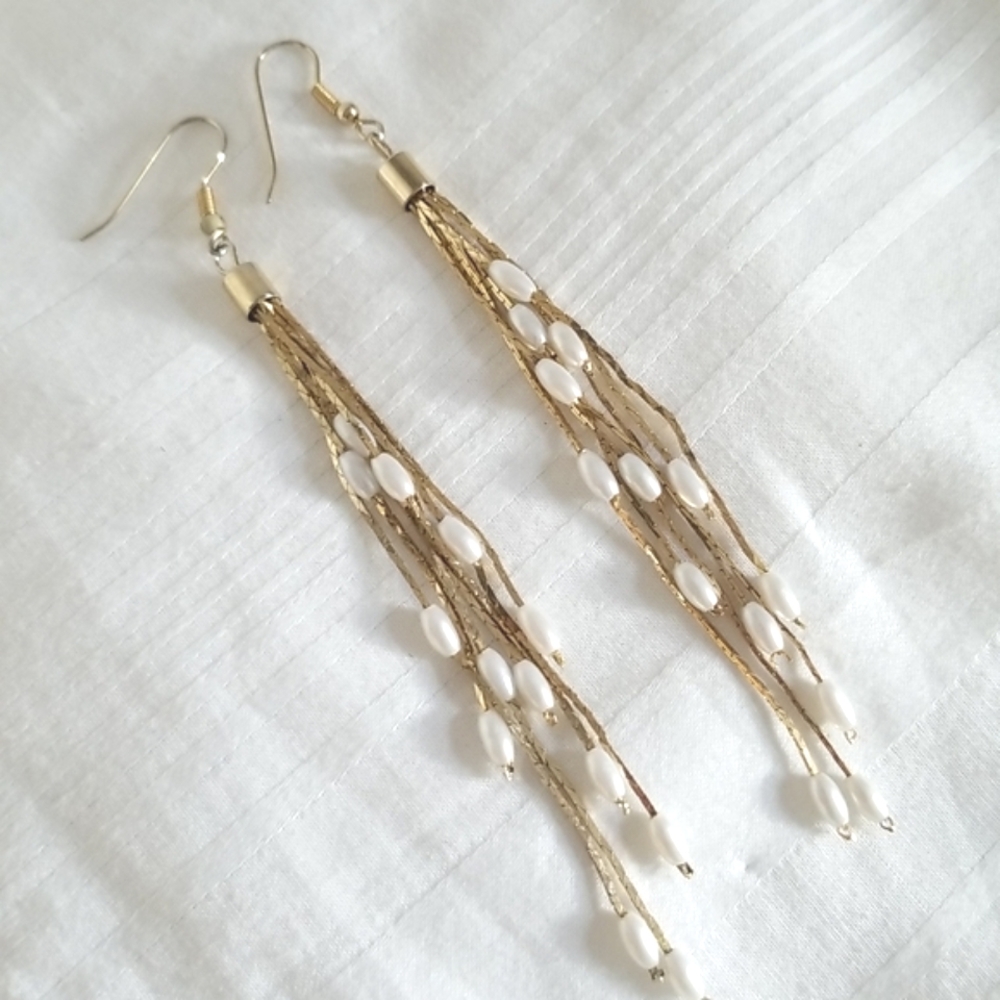 Gold Chain Pearl Long Earrings